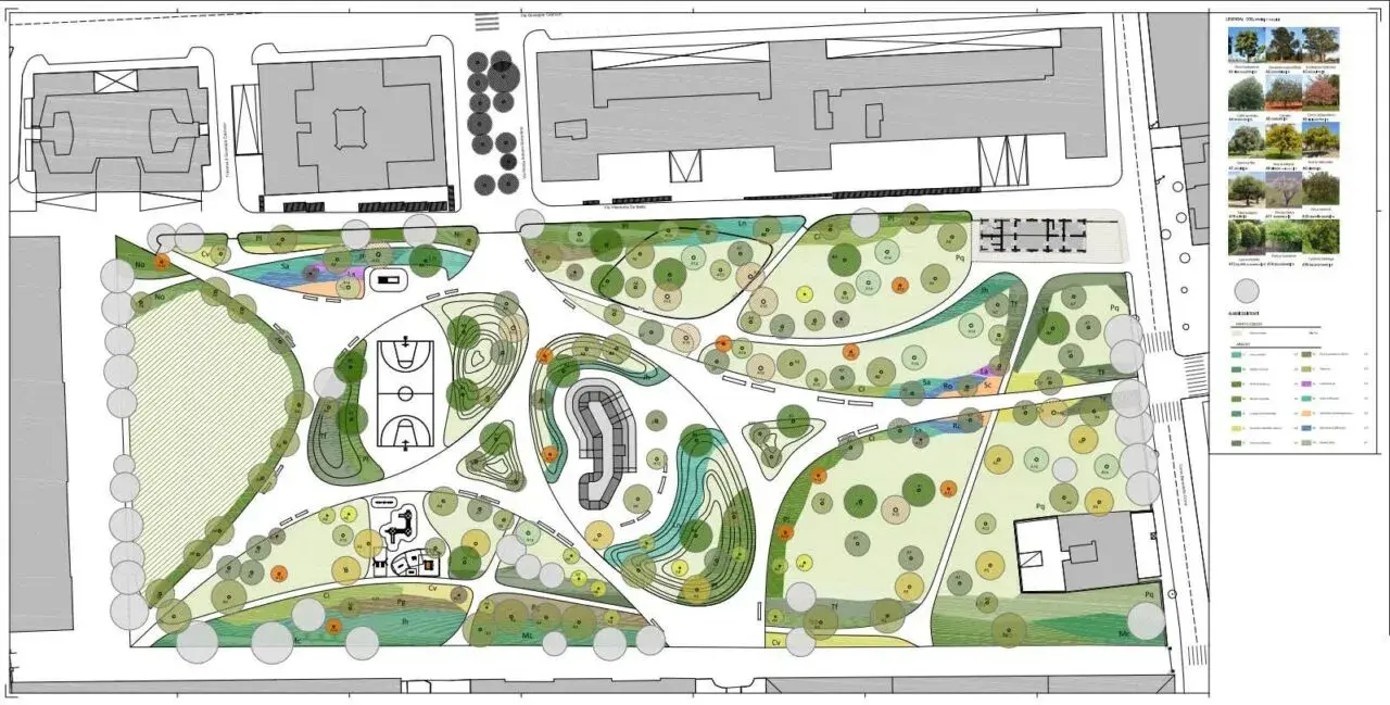 Progetto di riqualificazione urbana con aree verdi, campi sportivi e percorsi pedonali. La **superficie fondiaria** è dettagliata con piante e arredi.