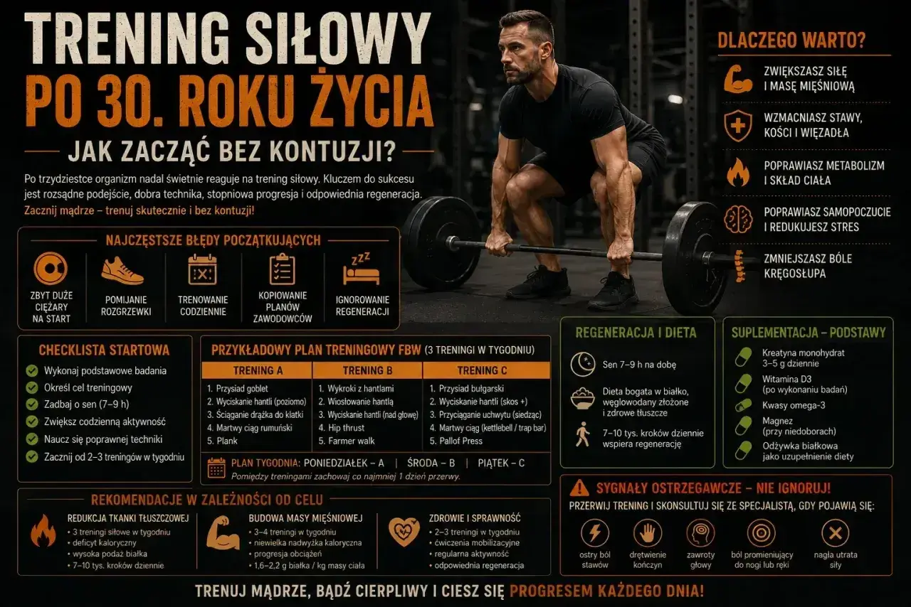 Mężczyzna podnosi sztangę. Plakat zawiera przykładowy plan treningowy FBW, porady dotyczące regeneracji i diety, a także sygnały ostrzegawcze.