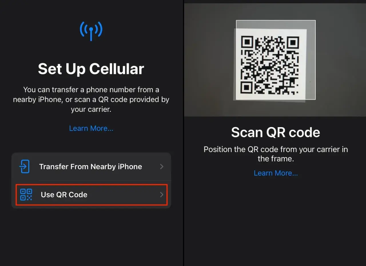 Configuration d'une carte eSIM : scannez le code QR de votre opérateur pour activer votre forfait mobile.