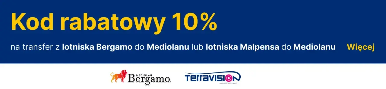 Kod rabatowy 10% na transfer z lotniska Bergamo do Mediolanu lub Malpensy do Mediolanu. Logo Bergamo i TerraVision.
