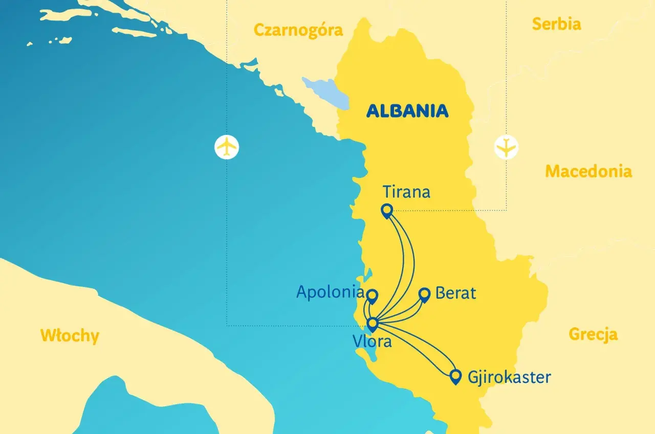 Mapa przedstawia lotniska w Albanii i połączenia lotnicze do Tirany, Wlory, Apolonii, Beratu i Gjirokastry.