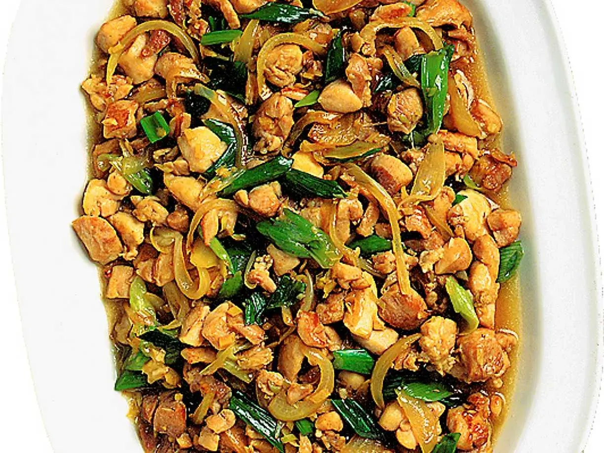 En närbild av en skål med saftig kyckling citrongräs, wokad med lök och gröna lökar.