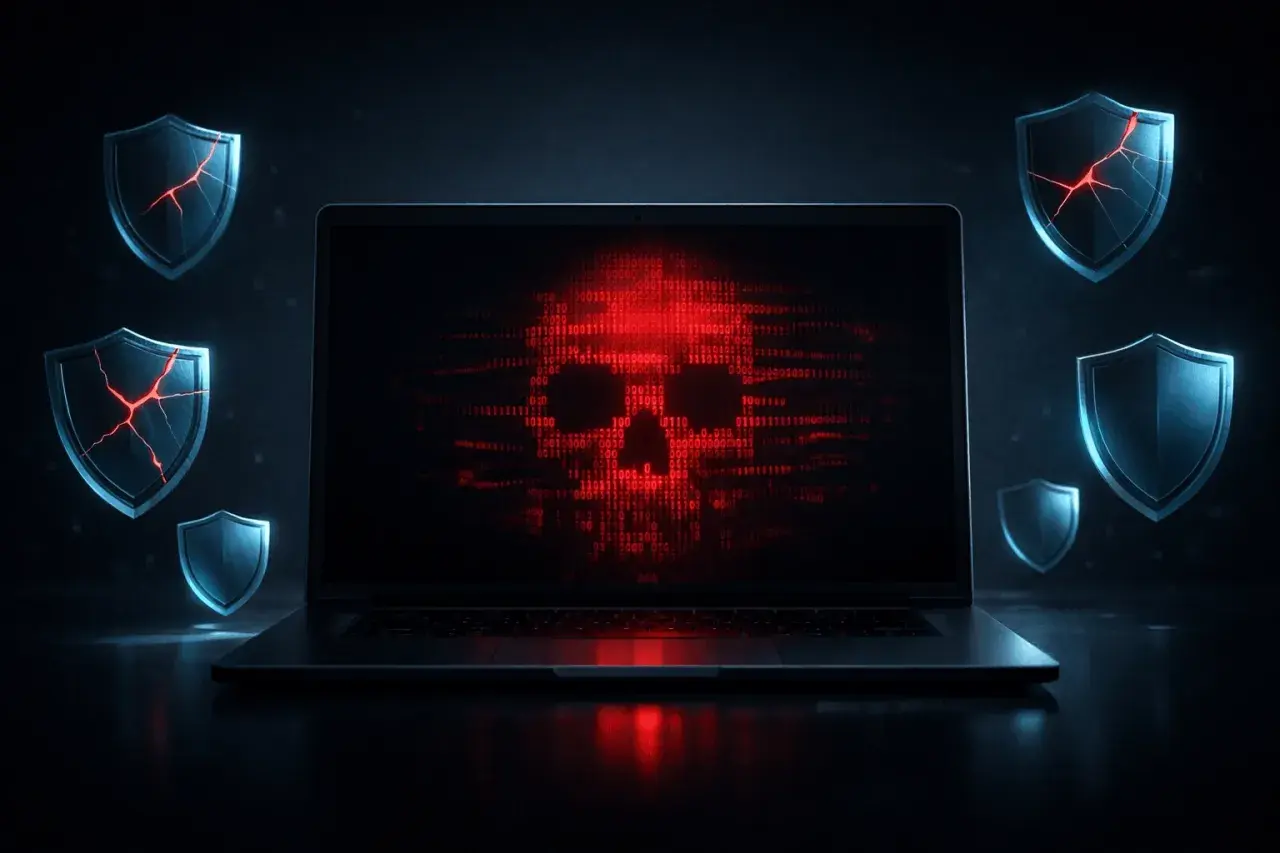 Laptop z czaszką z kodu binarnego na ekranie, otoczony pękniętymi tarczami. Symbolizuje atak ransomware i naruszenie bezpieczeństwa.