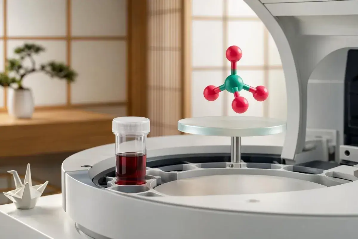 Model cząsteczki z zielonym atomem centralnym i czerwonymi atomami, obok probówki z czerwonym płynem. Może to symbolizować badania nad związkiem zawierającym fosfor.