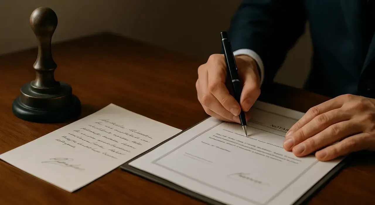 Notariusz sporządza testament z wydziedziczeniem. Na stole leży pieczęć i dokumenty.