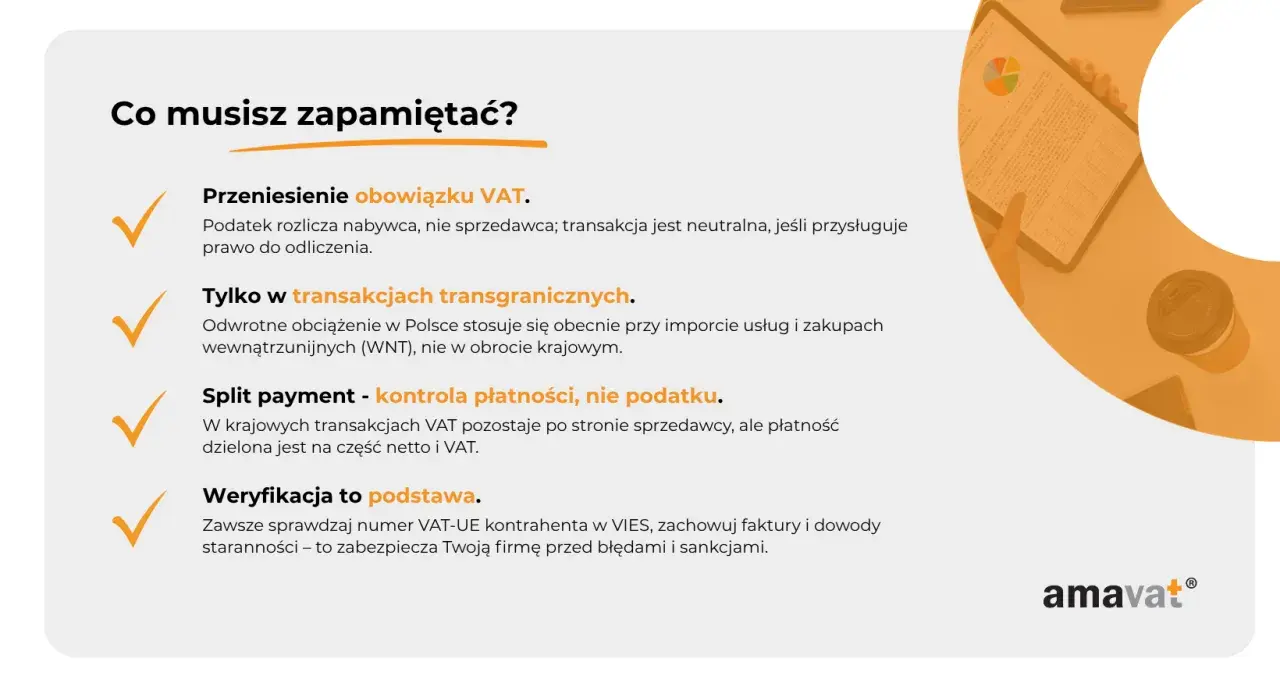 Kluczowe informacje o VAT: przeniesienie obowiązku, transakcje transgraniczne (reverse charge), split payment i weryfikacja kontrahenta.