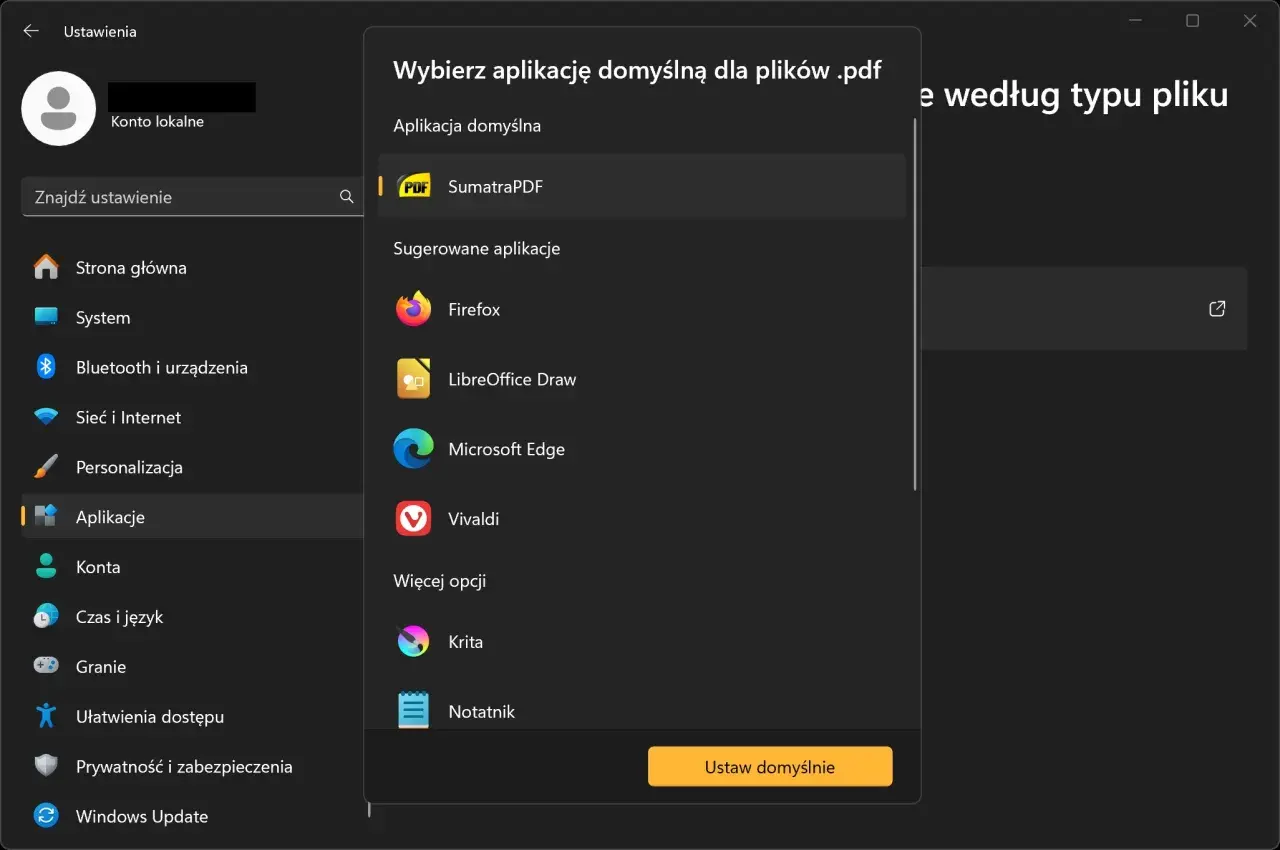 Ustawienia aplikacji domyślnych dla plików PDF. Wybierz SumatraPDF, aby ustawić Adobe jako domyślny program do otwierania PDF.