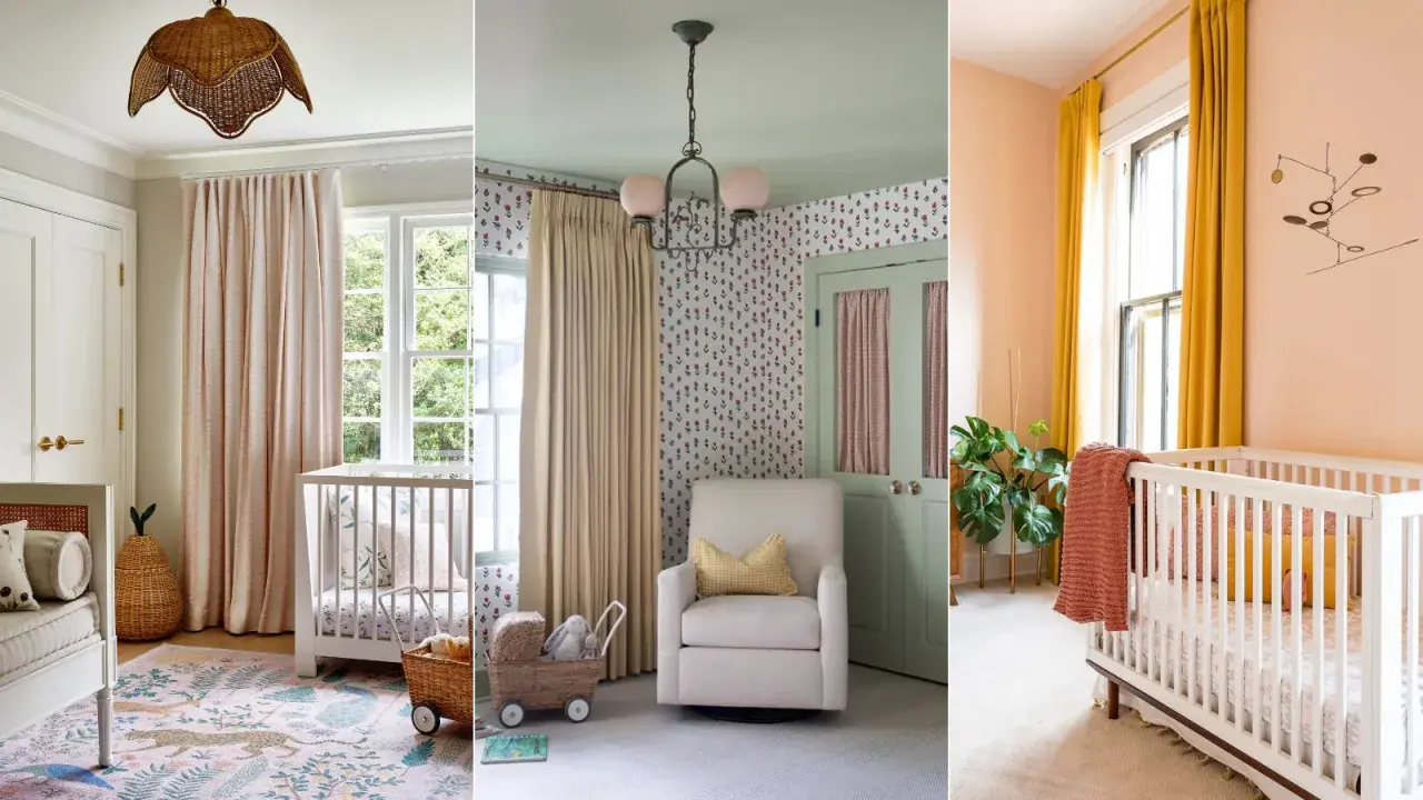 Sweet baby room inspiration with floral wallpaper, a wicker light fixture, and a cozy crib.