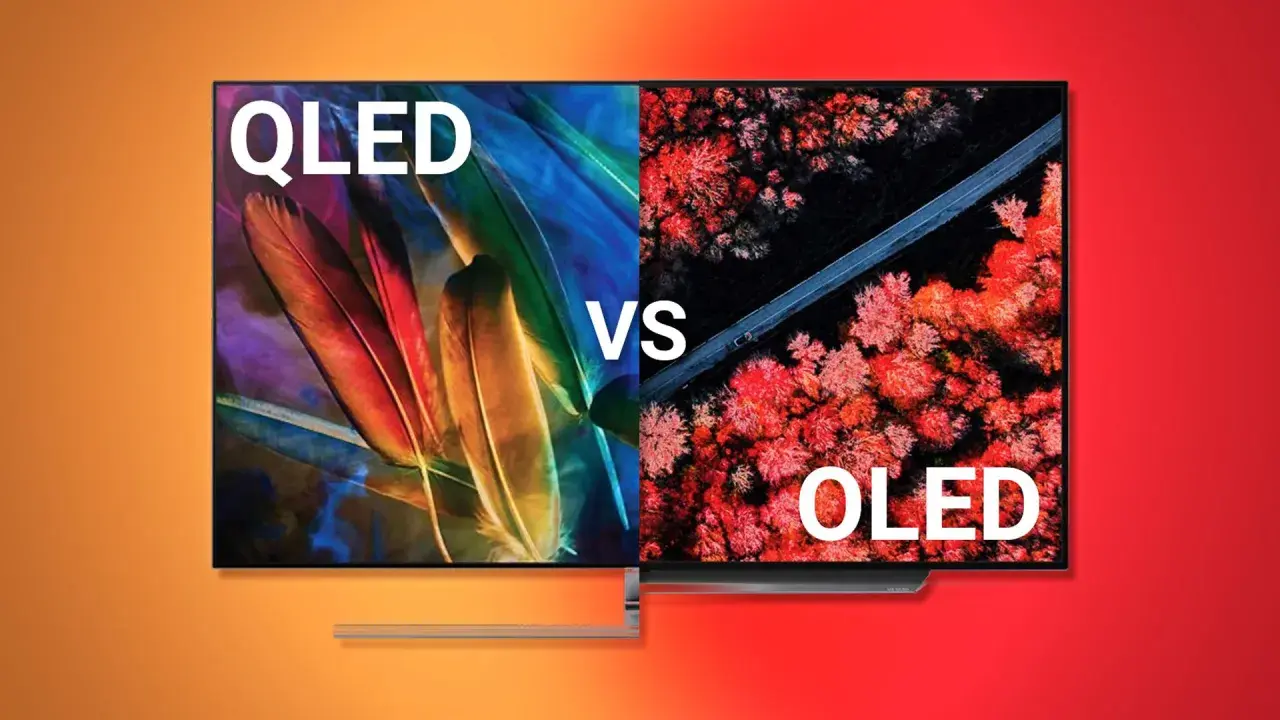 QLED vs OLED: Ein geteilter Bildschirm zeigt bunte Federn und eine Luftaufnahme eines Waldes.