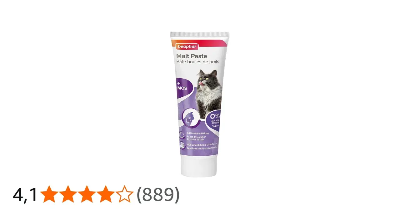 Pasta de malta para gatos Beaphar, ideal para prevenir bolas de pelo. Con imagen de gato y 0% azúcar añadido.