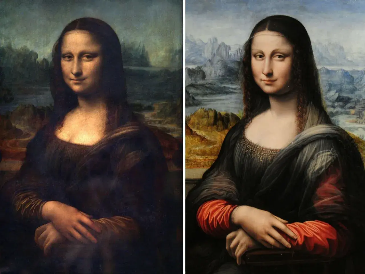 Zwei Darstellungen der Mona Lisa: Links das Original, rechts eine restaurierte Version mit leuchtenderen Farben und klareren Details.
