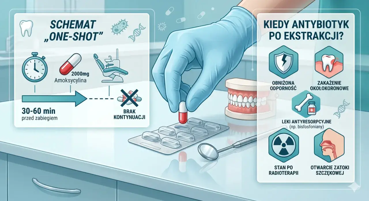 Schemat "one-shot" antybiotyku po wyrwaniu zęba: amoksycylina 2000mg na 30-60 min przed zabiegiem. Kiedy antybiotyk po ekstrakcji? Obniżona odporność, zakażenie okołokoronowe, leki antyresorpcyjne, stan po radioterapii, otwarcie zatoki szczękowej.