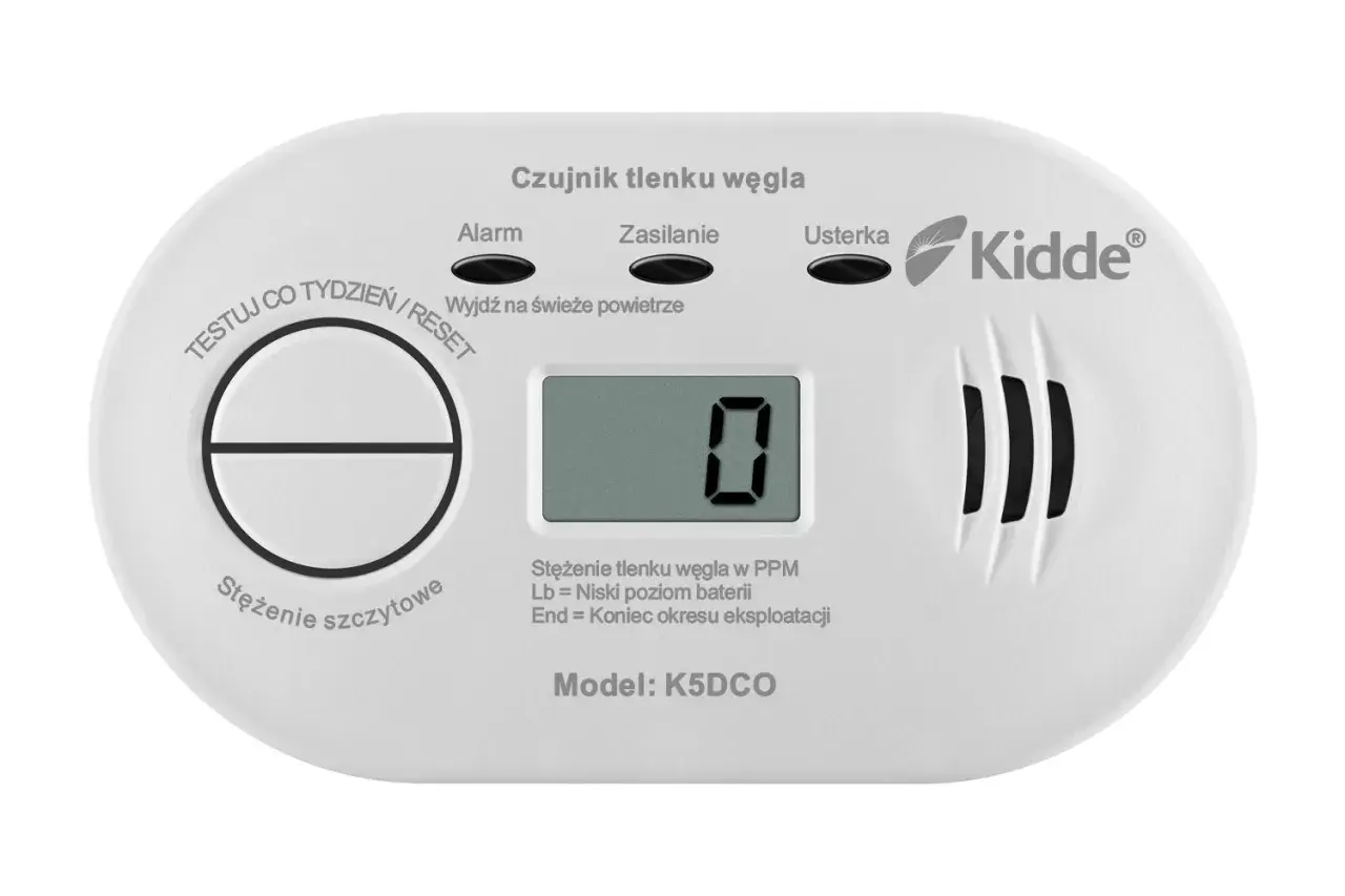 Biały czujnik tlenku węgla Kidde z wyświetlaczem pokazującym "0" i przyciskiem Test/Reset.