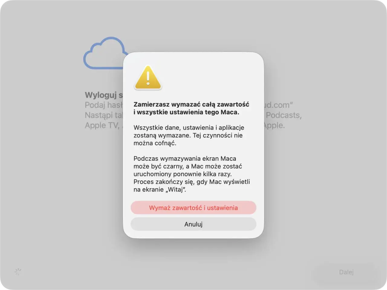 Potwierdzenie wymazania zawartości i ustawień Maca. Proces ten jest kluczowy, gdy chcesz wiedzieć, jak zresetować MacBook.