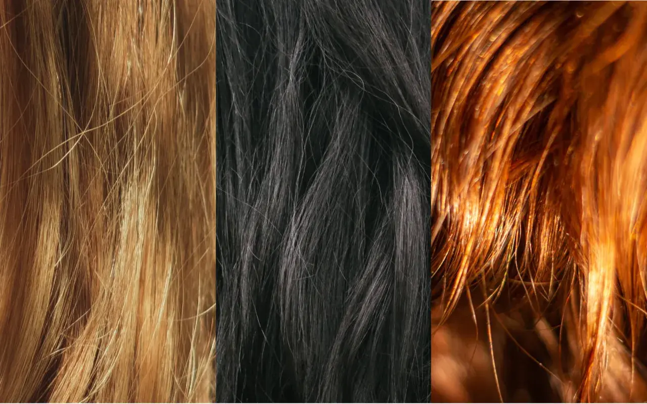 Tre ciocche di capelli: biondo dorato, castano scuro e rosso ramato. Un aiuto visivo per capire che colore di capelli mi sta bene.