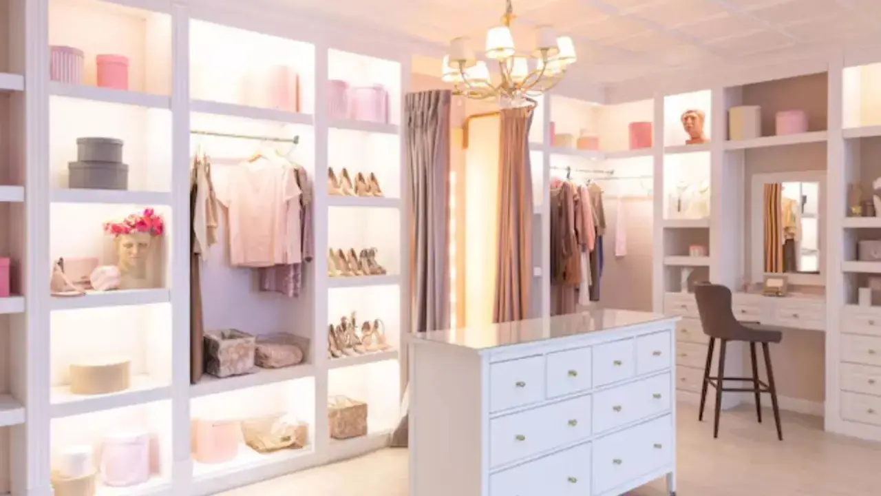 Armario organizado con ropa, zapatos y accesorios. Una lámpara rejilla ilumina el espacio, creando un ambiente elegante.