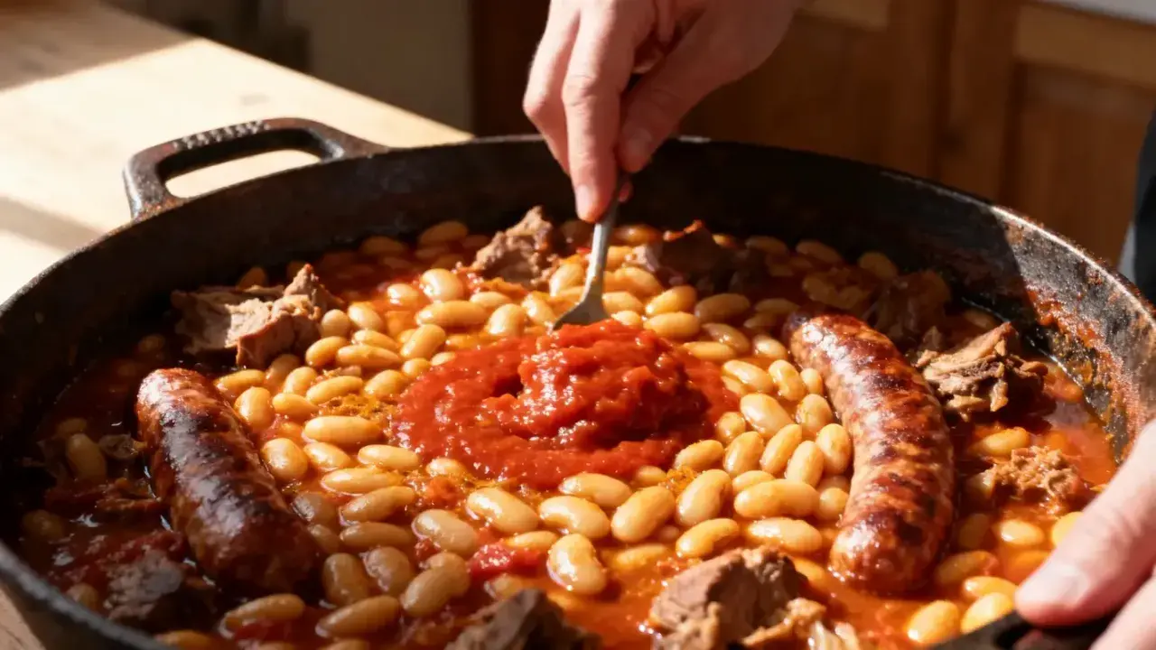 Un plat généreux de cassoulet maison, avec ses haricots blancs, ses saucisses et ses morceaux de viande, prêt à être dégusté.