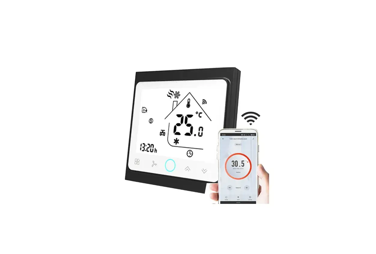 Thermostat intelligent notice thermostat Tuya, affichant 25.0°C et connecté à un smartphone.