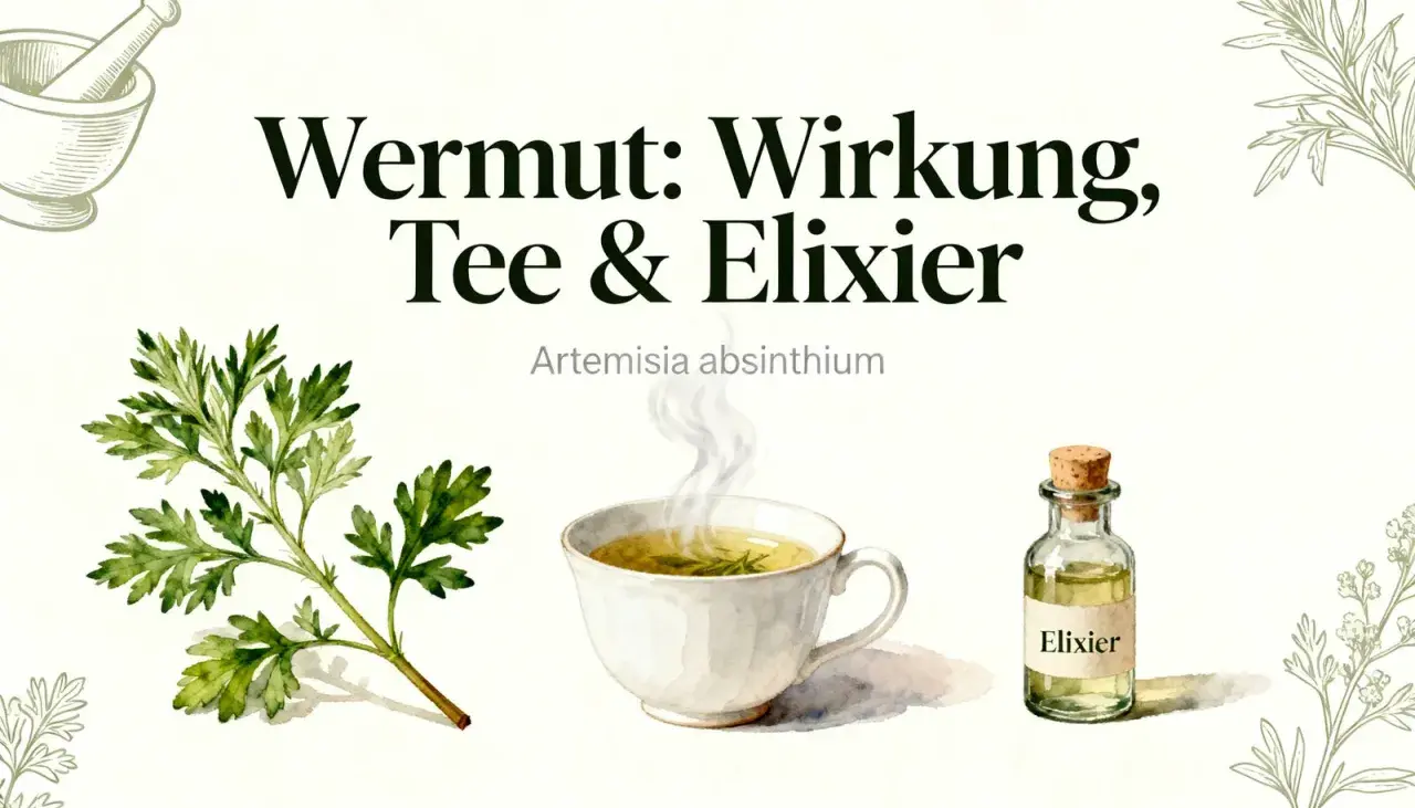 Wermut: Wirkung, Tee & Elixier. Eine Wermut Pflanze neben einer dampfenden Tasse Tee und einem Elixier.