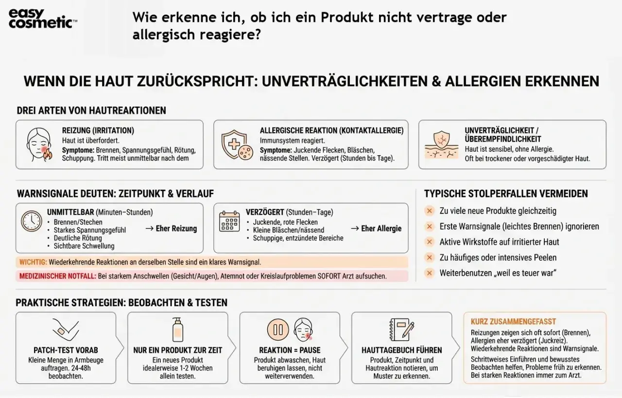 Haut reagiert? Reizung, Allergie oder Überempfindlichkeit erkennen. Bei Verdacht auf eine Polyester-Allergie oder andere Hautreaktionen, Produkte testen & Haut beobachten.