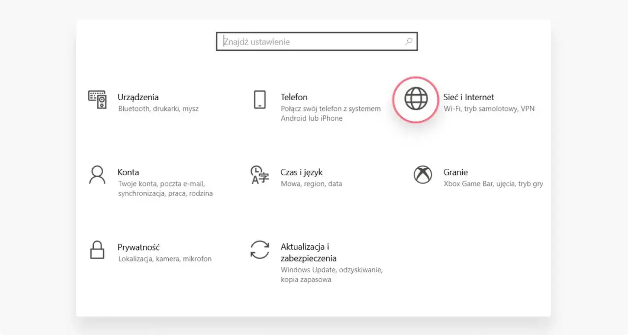 Ustawienia sieci i Internetu, gdzie można skonfigurować Wi-Fi, tryb samolotowy i VPN, a także sprawdzić status połączenia z routerem.