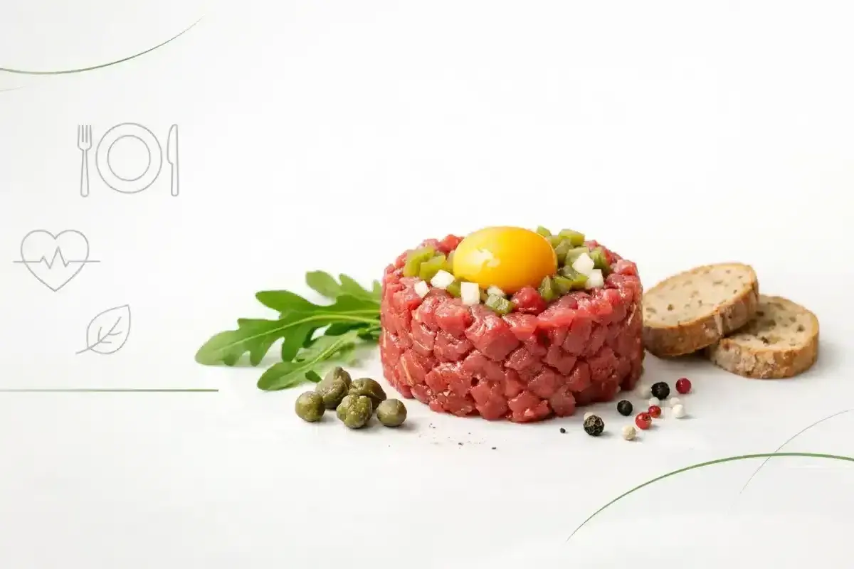 Tatar z surowego mięsa z żółtkiem i dodatkami, obok pieczywo. Czy tatar jest zdrowy? Zależy od składników i sposobu przygotowania.