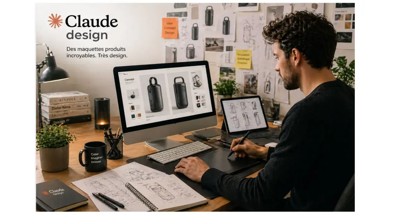 Un designer vêtement travaille sur des maquettes de produits sur son ordinateur et sa tablette. Esquisses et moodboards décorent le mur.