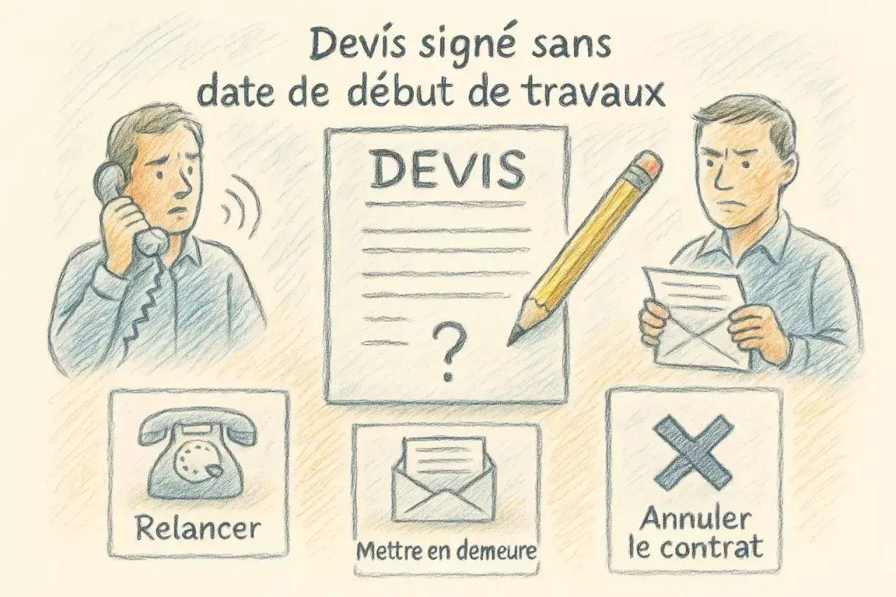 Un homme au téléphone, un devis signé sans date de début de travaux, et un autre homme tenant une lettre. Options : relancer, mettre en demeure, annuler le contrat.