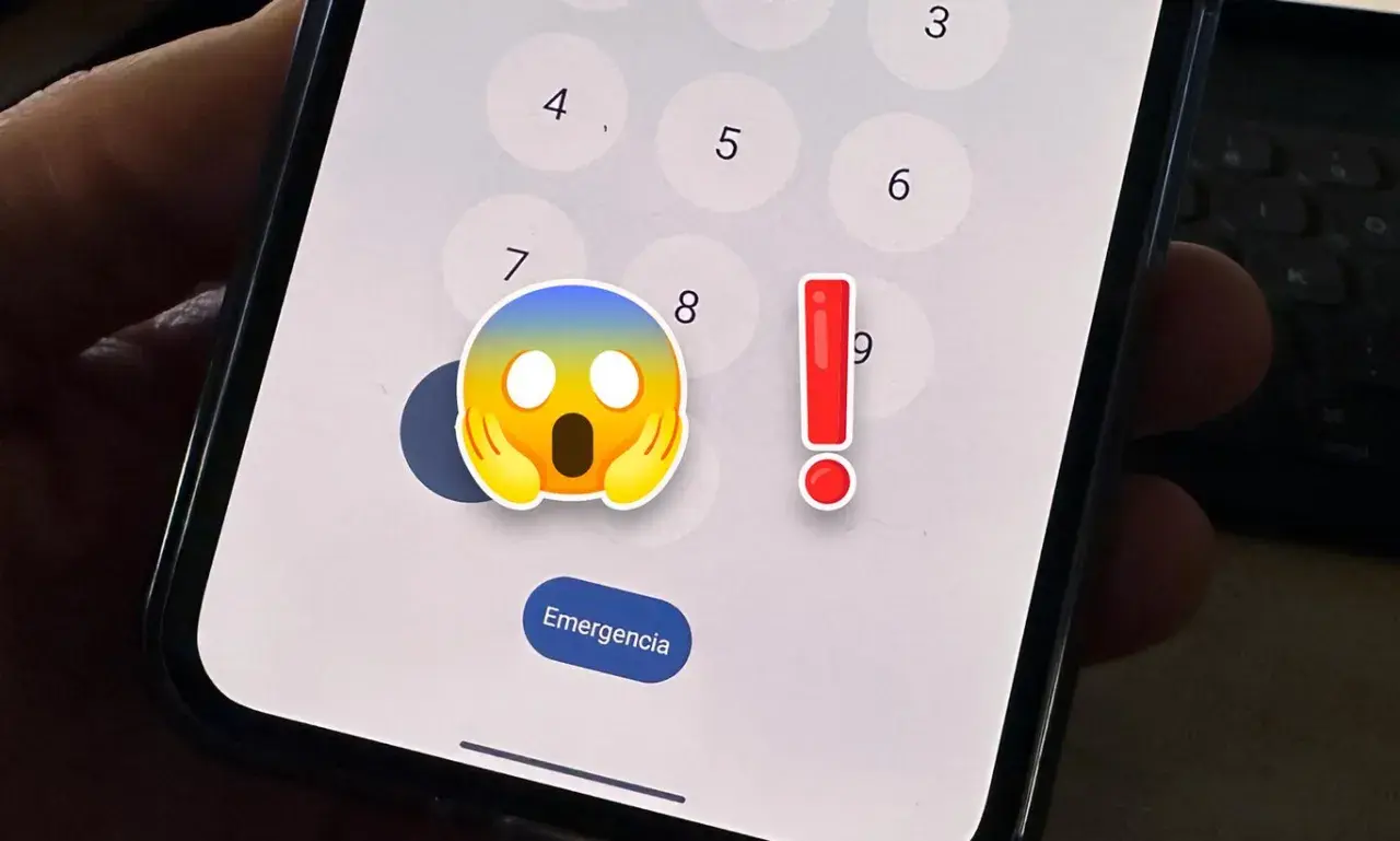 ¡Ayuda! Olvidé cómo cambiar la contraseña del móvil. La pantalla muestra números y emojis de sorpresa y alerta.