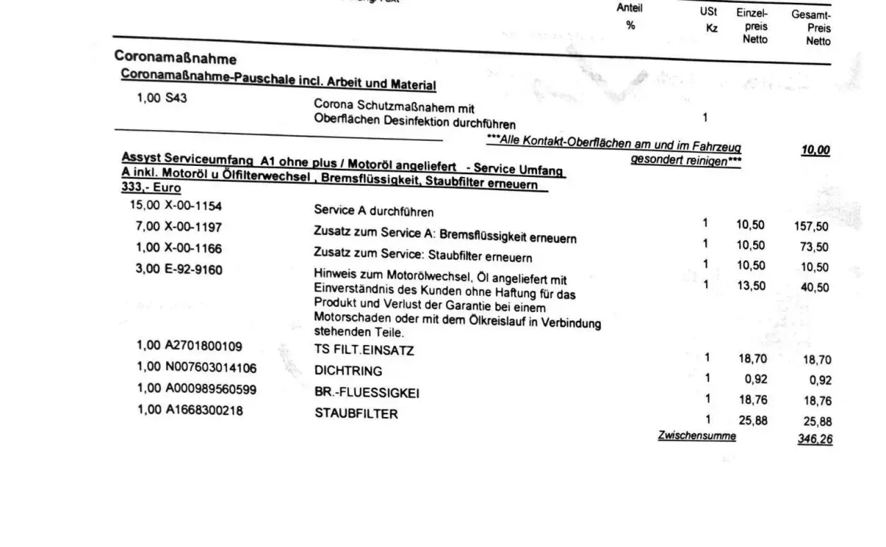 Kosten für Mercedes Service: Coronamaßnahme, Ölwechsel, Bremsflüssigkeit & Staubfilter erneuert. Gesamtpreis 346,26.