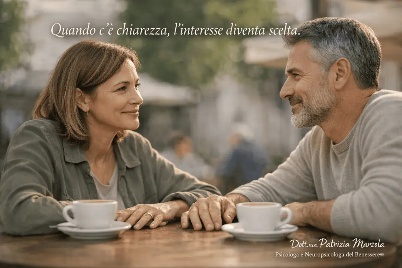 Coppia matura al caffè, mani vicine. Il corteggiamento quando mollare è una scelta chiara, non un dubbio.