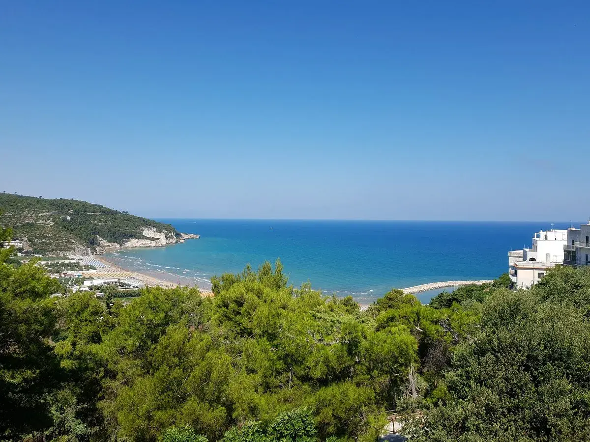 Vista panoramica della baia dei trabucchi con mare azzurro, spiaggia affollata e vegetazione rigogliosa.