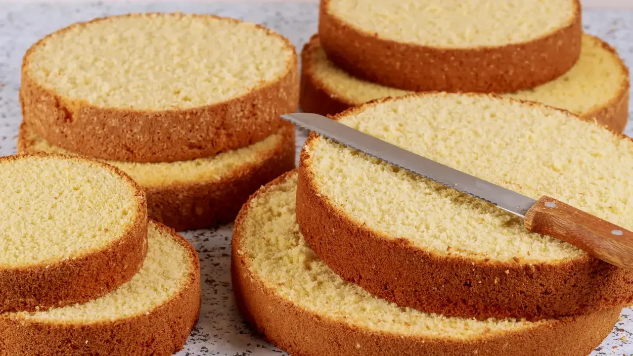 Dischi di pan di spagna dorati e soffici, pronti per essere farciti. Un coltello da pane è appoggiato su uno strato.