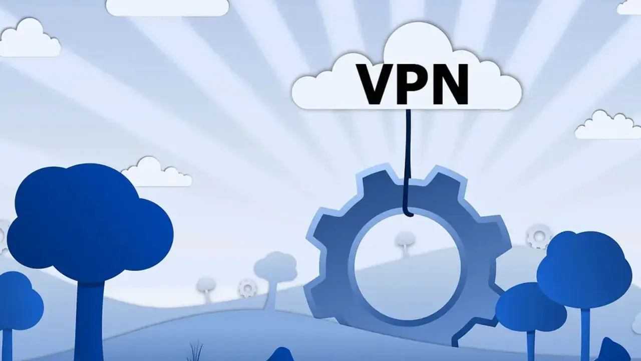 Nube con "VPN" conectada a un engranaje azul, en un paisaje estilizado con árboles y nubes.