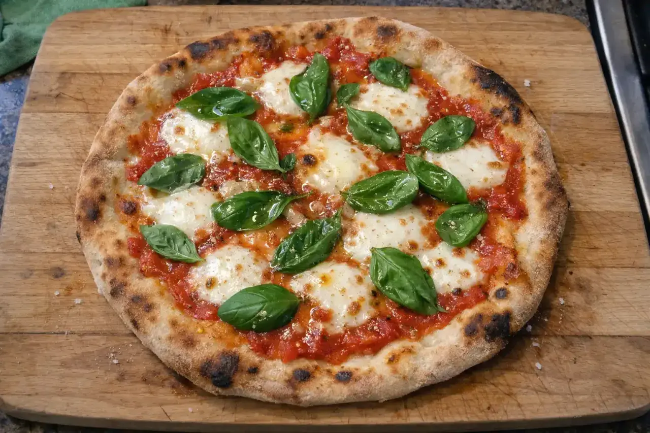 En hemmagjord pizza med tomatsås, mozzarella och färsk basilika. Ett perfekt pizza recept för en mysig kväll.