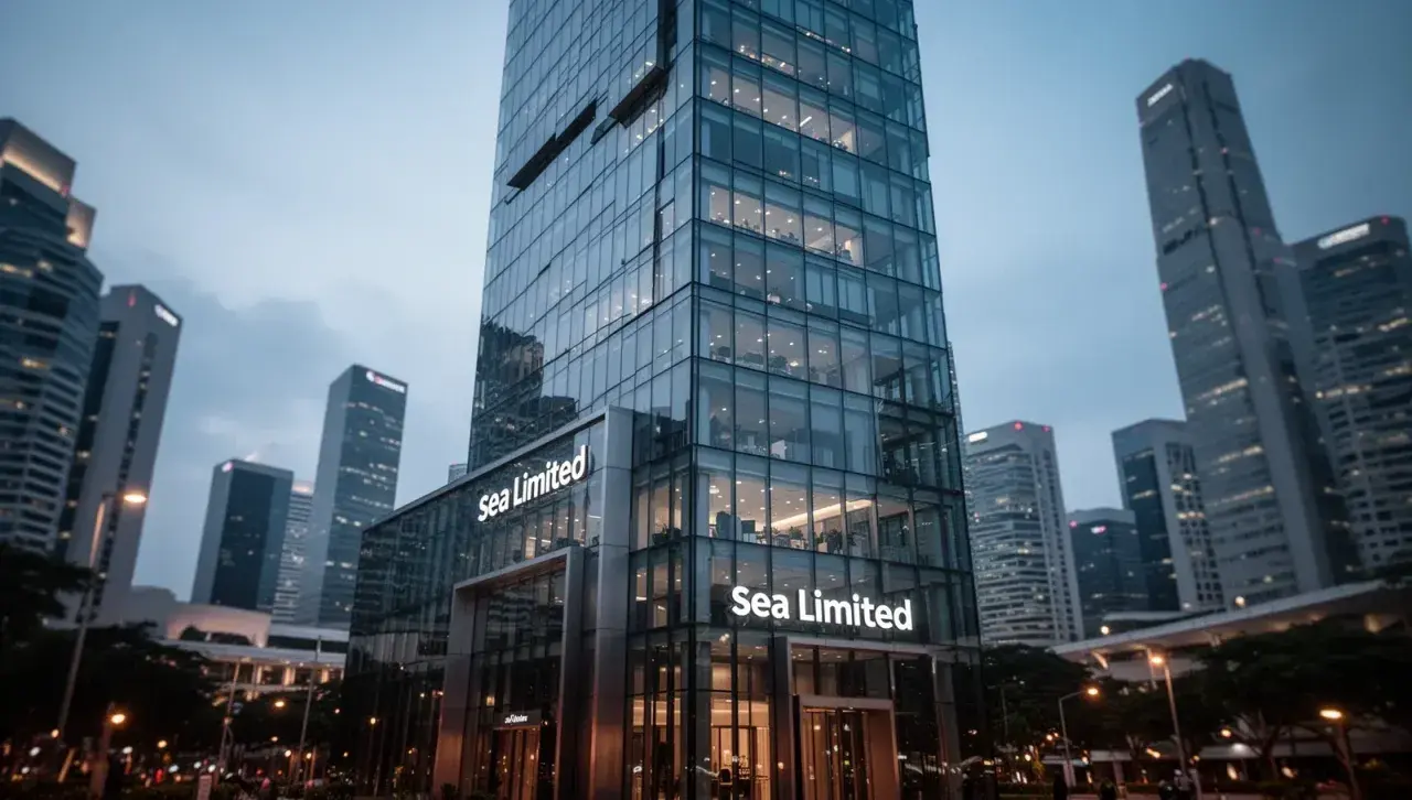 Moderne Glasfassade des Sea Limited Hauptsitzes im Abendlicht. Die Sea Limited Aktie symbolisiert Wachstum in der Skyline.