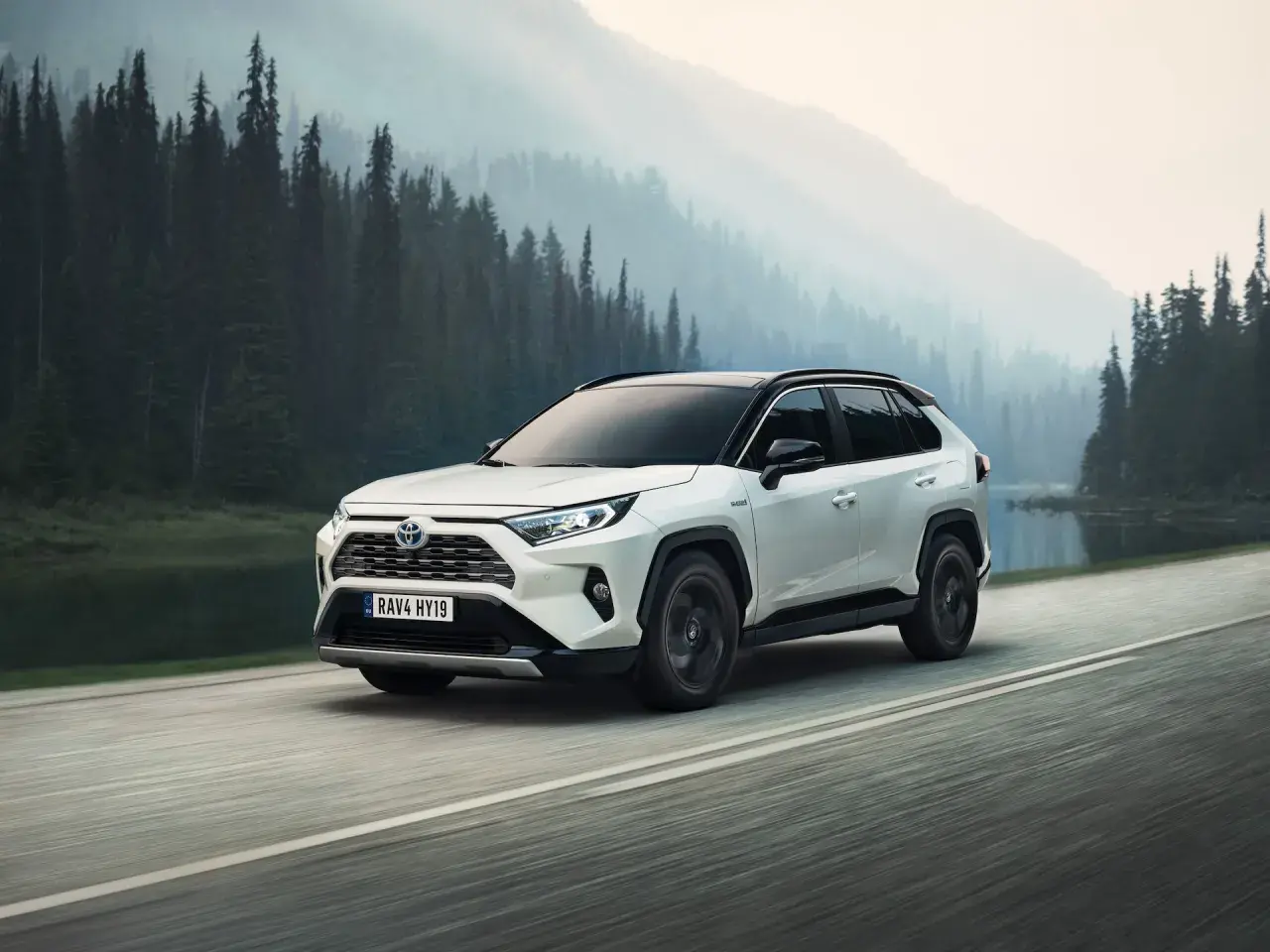 Toyota RAV4 Hybrid, l'auto più venduta al mondo, sfreccia su una strada panoramica tra foreste nebbiose e montagne.