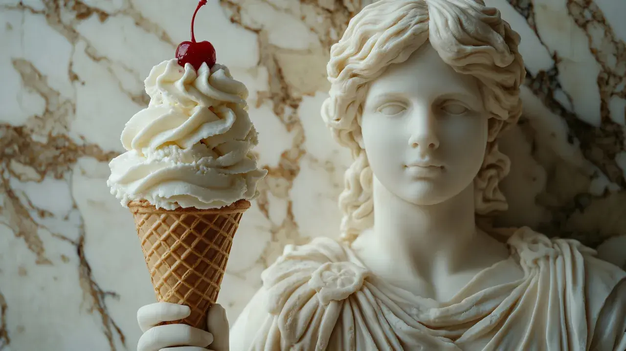 Lody z wisienką na tle antycznej rzeźby. Czy to starożytni Grecy wiedzieli, skąd pochodzą lody?