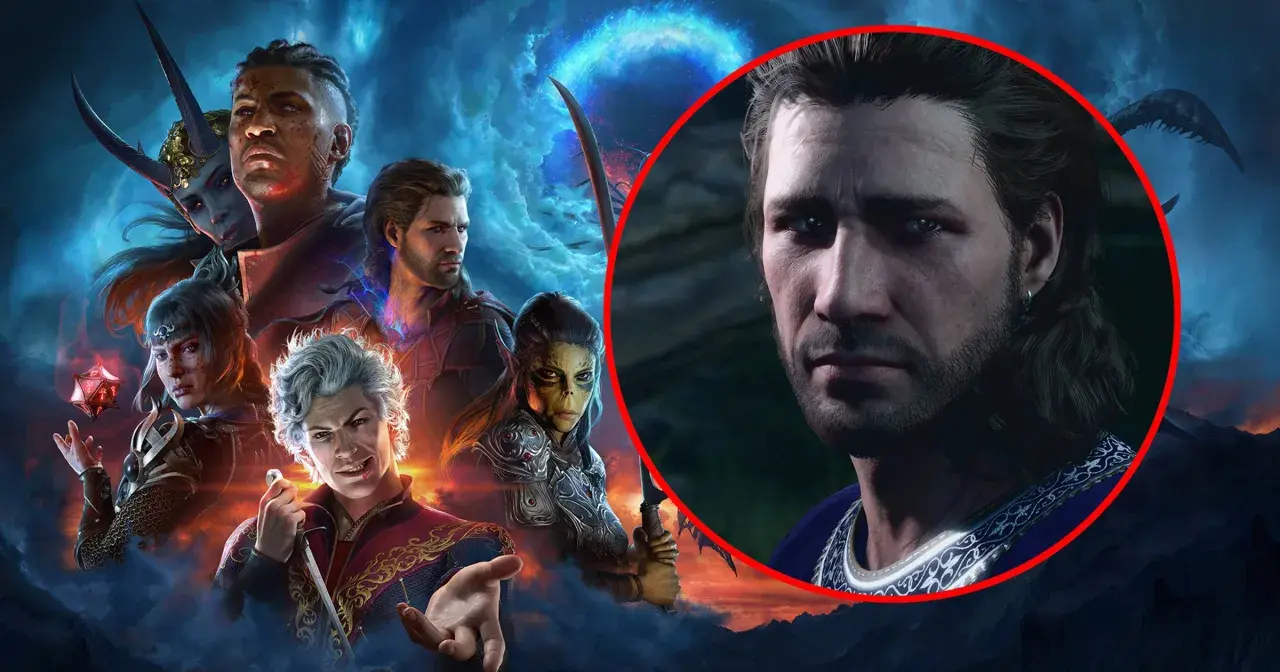 Postać z gry Baldur's Gate 3 premiera, otoczona przez innych bohaterów i mistyczną poświatę.