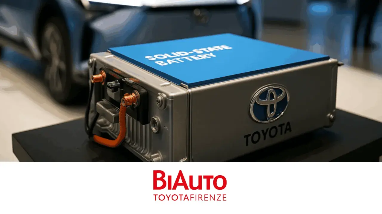 Un accumulatore allo stato solido Toyota, con logo e scritta "Solid-State Battery", pronto per rivoluzionare il futuro dell'elettrico.