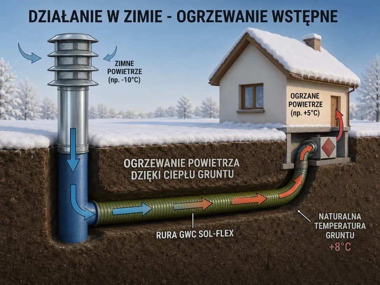 Rura GWC SOL-FLEX ogrzewa zimne powietrze dzięki ciepłu gruntu, podnosząc jego temperaturę przed dostarczeniem do domu.