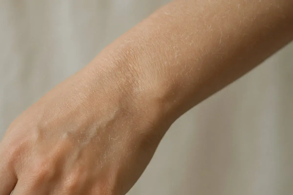 När huden blir torr och fjällande, som på dessa torra armbågar, kan det vara ett tecken på att den behöver extra fukt.