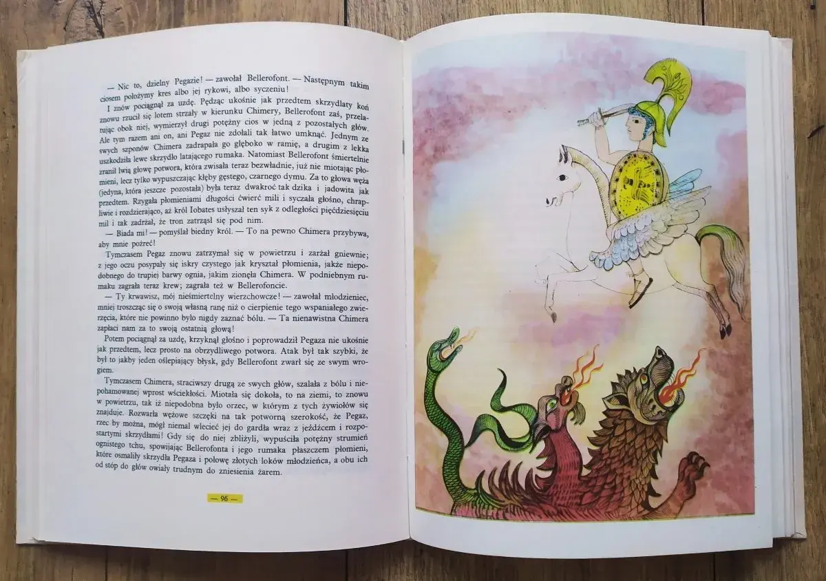 Ilustracja z książki Nathaniela Hawthorne'a: Bellerofont na Pegazie walczy z potworem Chimery.