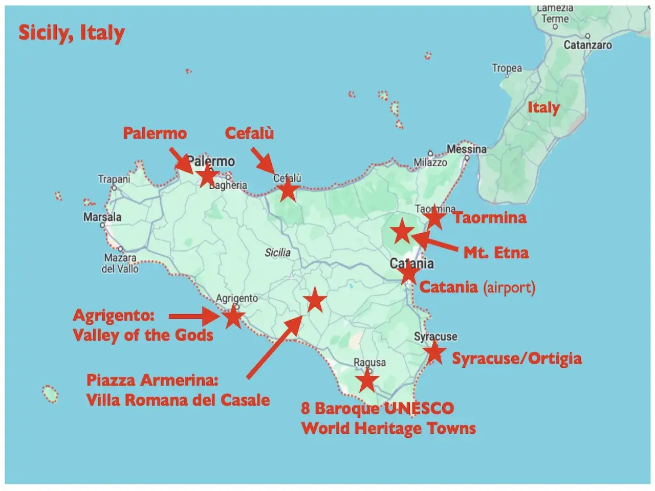 Map of Sicily, Italy, showing towns like Palermo, Catania (airport), and Mt. Etna, plus key attractions.