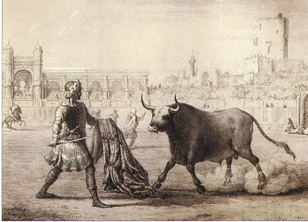 Un torero se enfrenta a un toro bravo en la arena, con público y arquitectura de la época. Es la primera corrida de toros.