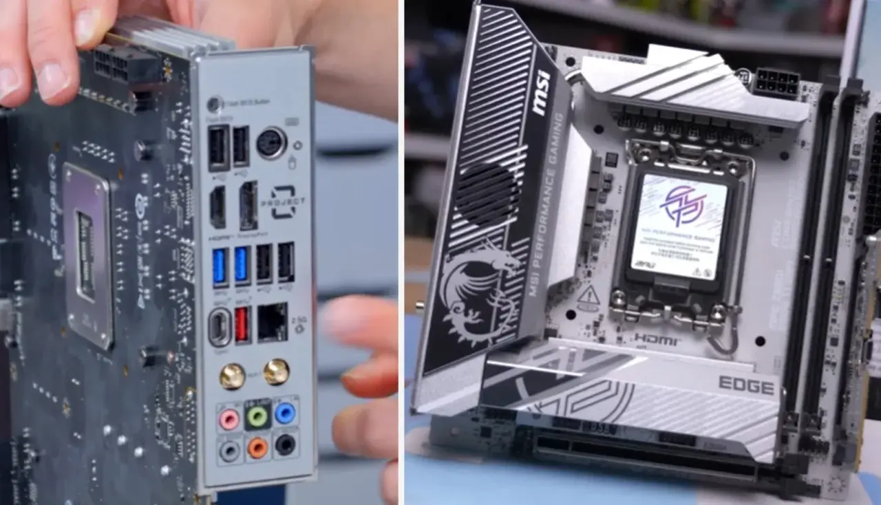 Placa base MSI con zócalo LGA 1851, lista para el futuro. Muestra el panel trasero con puertos y el frontal con disipadores.