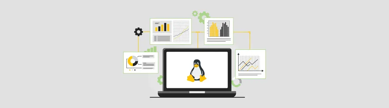 Grafiki i wykresy otaczają laptop z pingwinem Tuxem, symbolizując analizę danych i zasady cyberbezpieczeństwa w systemie Linux.