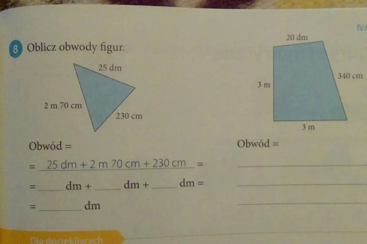 Trójkąt i trapez z podanymi długościami boków do obliczenia obwodu.