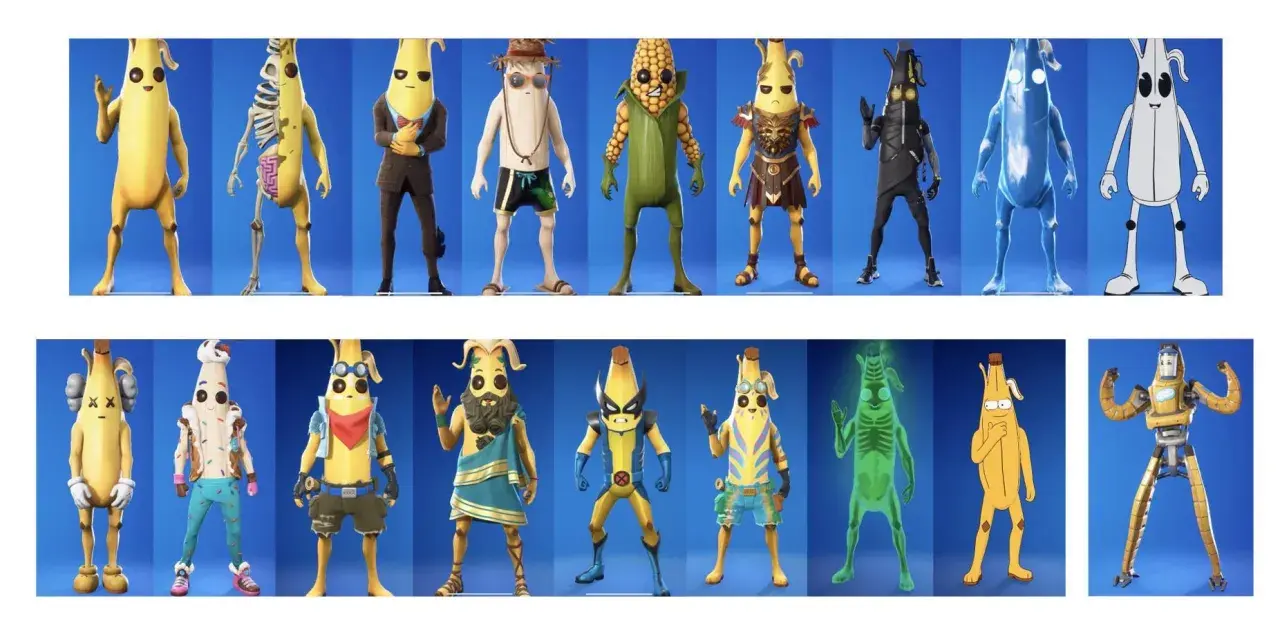 Kolekcja postaci z gry Fortnite, w tym różne wersje Peely'ego, czyli słynnego banana.