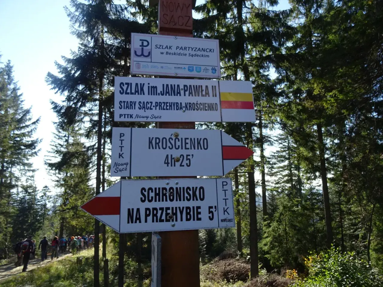 Znaki szlaków w Beskidzie Sądeckim. Szlak im. Jana Pawła II prowadzi do Krosna i schroniska na Przehybie.